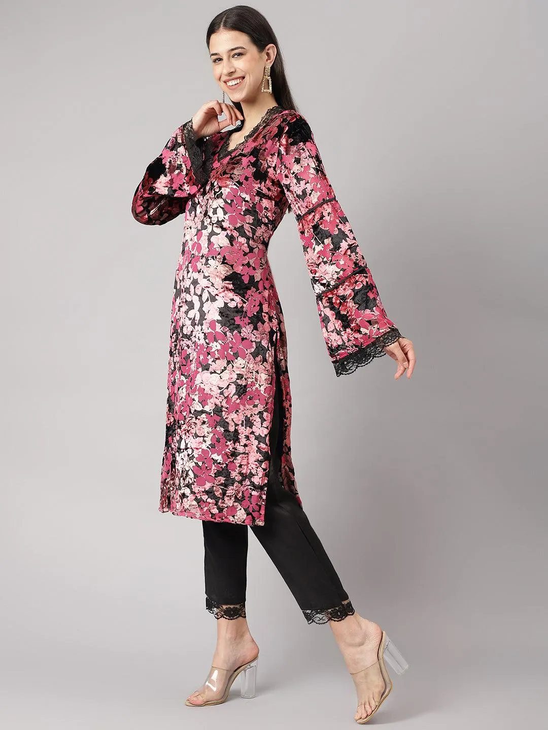 Pink Burn Out Velvet Kurta Haram Pant With Organza Dupatta