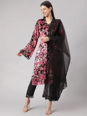 Pink Burn Out Velvet Kurta Haram Pant With Organza Dupatta