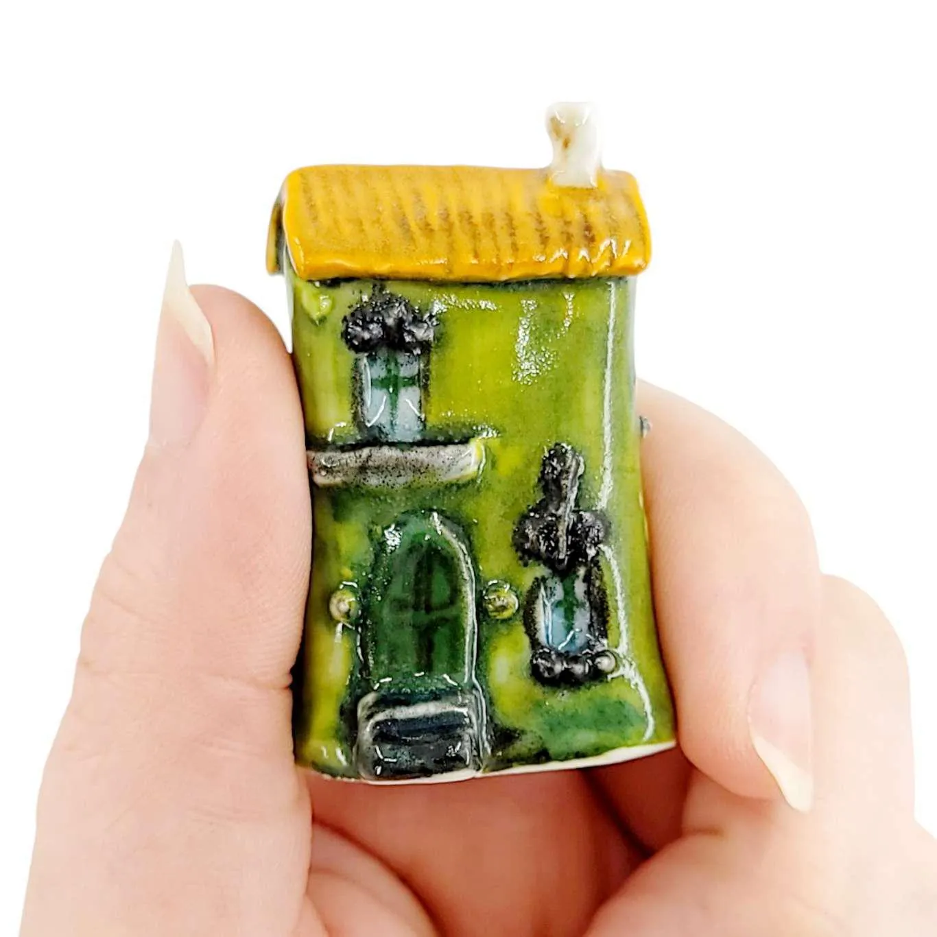 Tiny House - Olive Green House Dark Green Door Light Brown Roof by Mist Ceramics