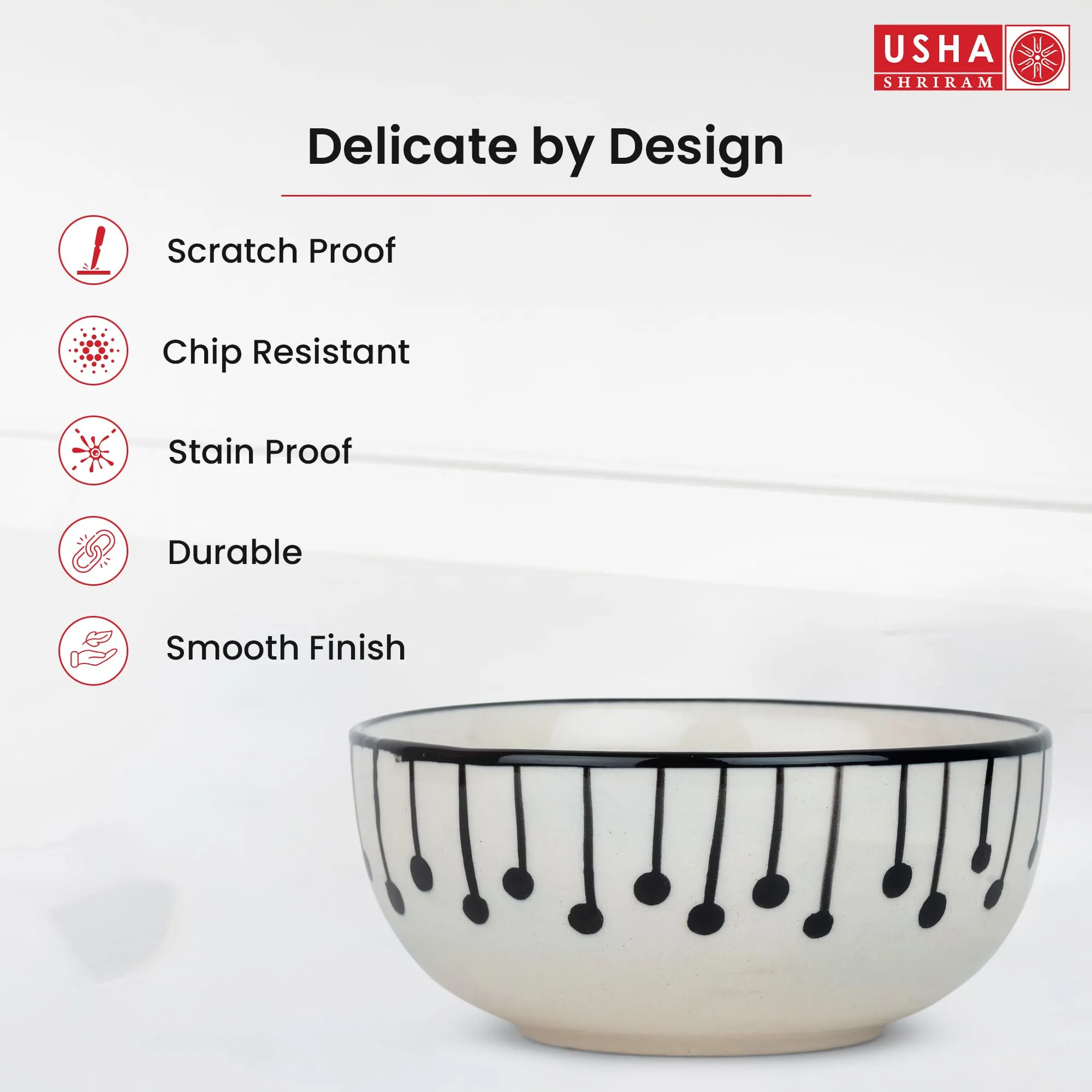 USHA SHRIRAM Ceramic Hand-Painted Bowl for Snacks & Dinner Microwave Safe | Refrigerator Safe | Scratch Resistant | Stain Proof | Dinnerware | Dinner Plate for Family Occasion (Design 3)