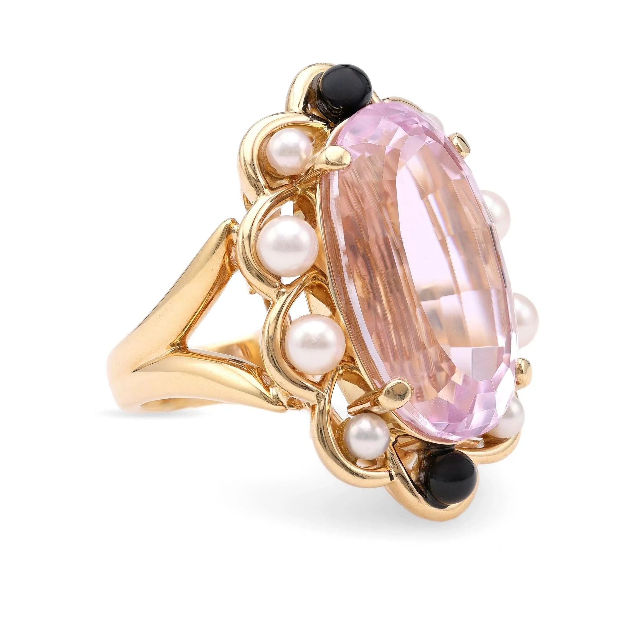 Vintage Kunzite Pearl Onyx 18k Yellow Gold Cocktail Ring