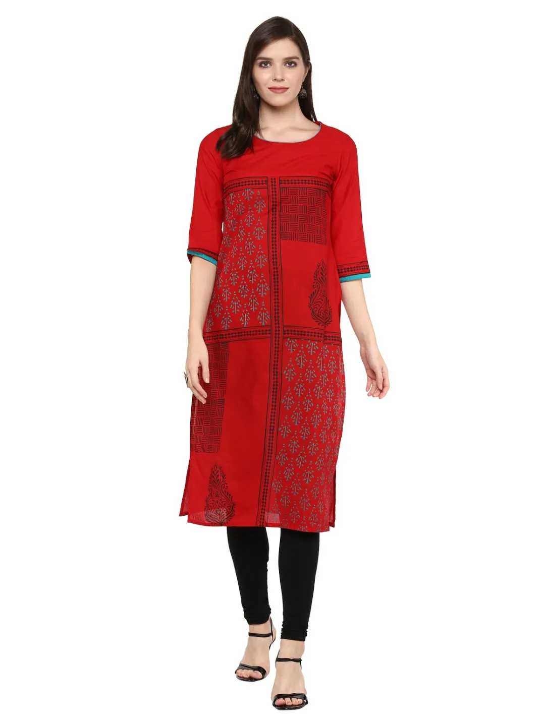 Women Red Ajrakh Hand Block Geometric Printed Cotton Straight Kurta