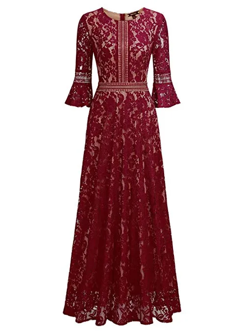 Women's Vintage Full Lace Contrast Bell Sleeve Formal Long Dress