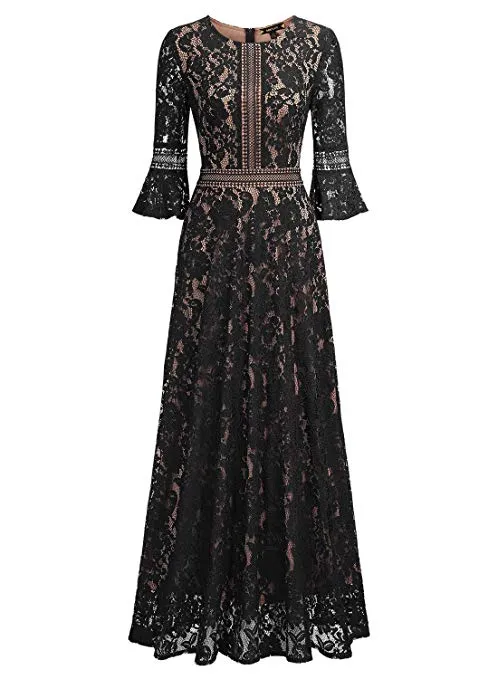 Women's Vintage Full Lace Contrast Bell Sleeve Formal Long Dress