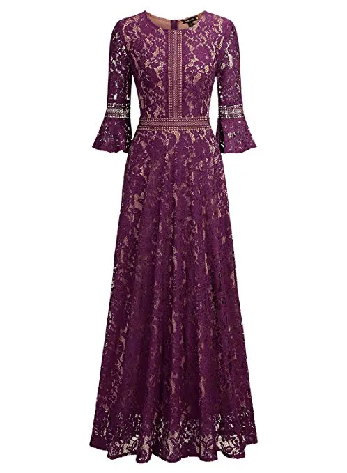 Women's Vintage Full Lace Contrast Bell Sleeve Formal Long Dress