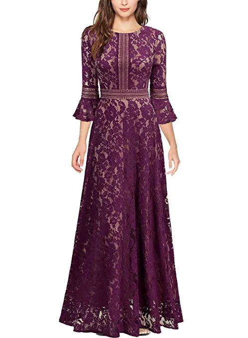 Women's Vintage Full Lace Contrast Bell Sleeve Formal Long Dress