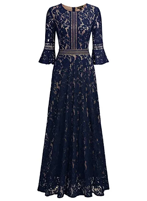 Women's Vintage Full Lace Contrast Bell Sleeve Formal Long Dress