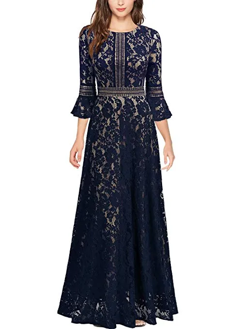 Women's Vintage Full Lace Contrast Bell Sleeve Formal Long Dress